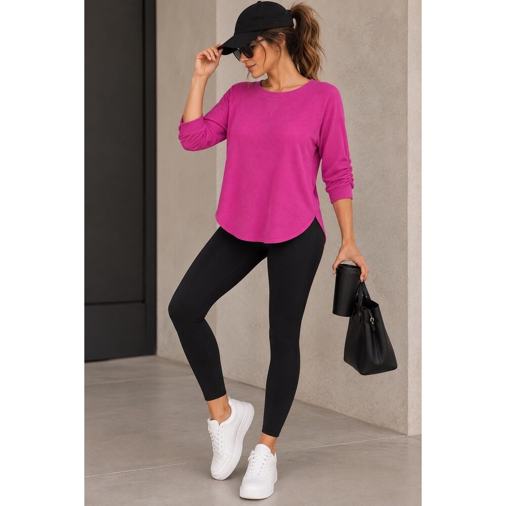 DKNY Sport Women’s L Fuchsia Pink Waffle Knit Raglan Pullover Ruched Cuffs